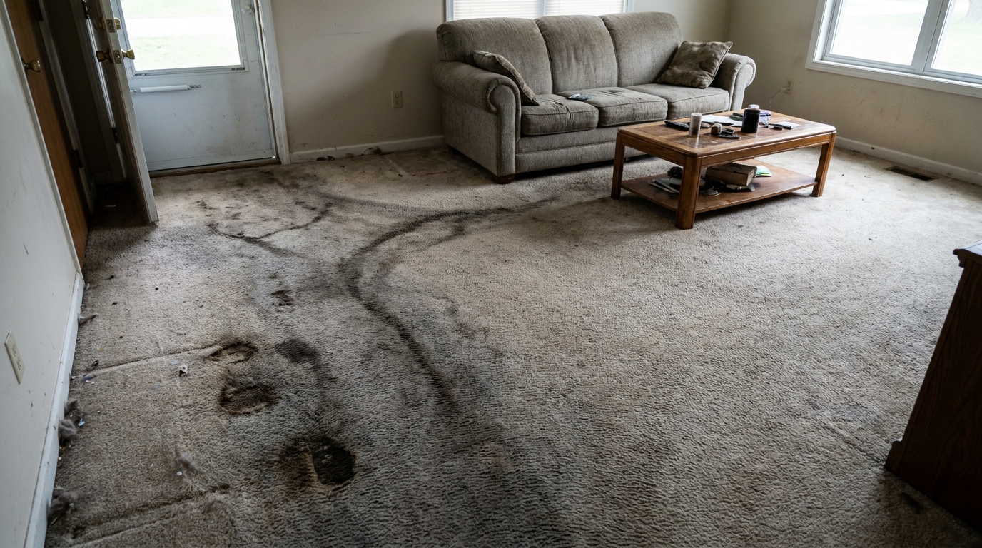 Living room carpet with heavy traffic stains and ground-in dirt before cleaning