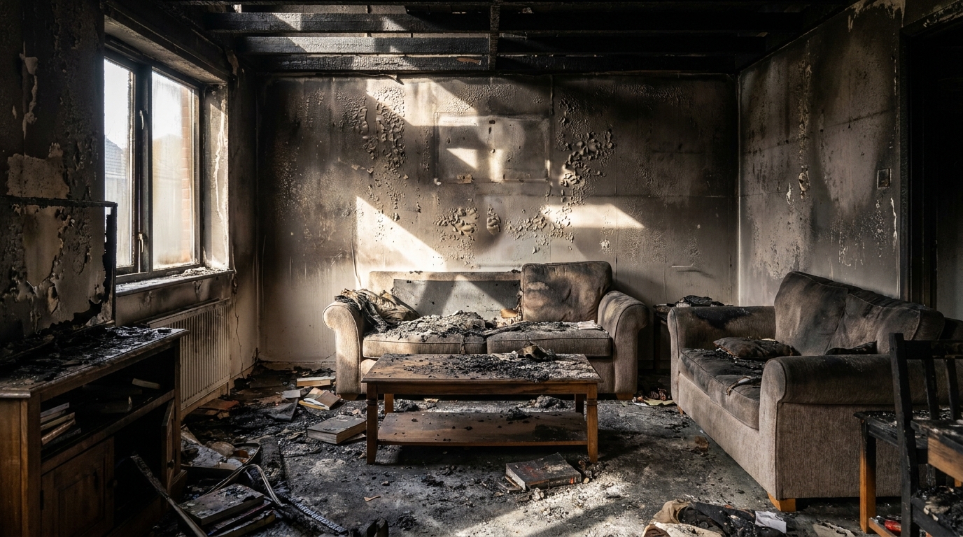 Room with charred walls and heavy soot and smoke damage before fire restoration