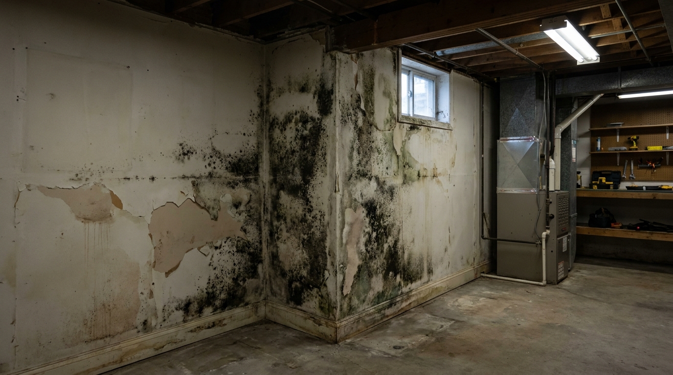 Wall and surfaces with visible mold growth before professional mold remediation
