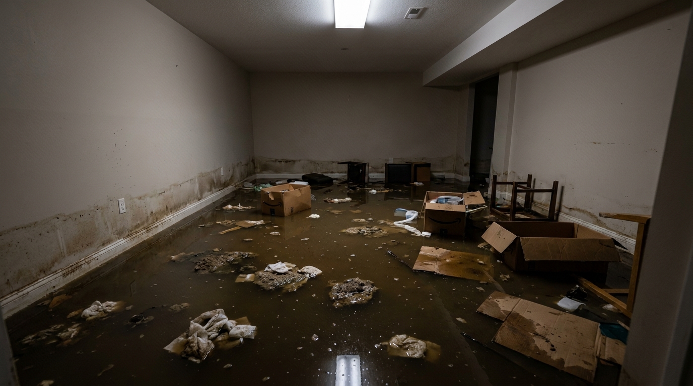 Finished basement flooded by a large sewage backup with contaminated water and debris before cleanup