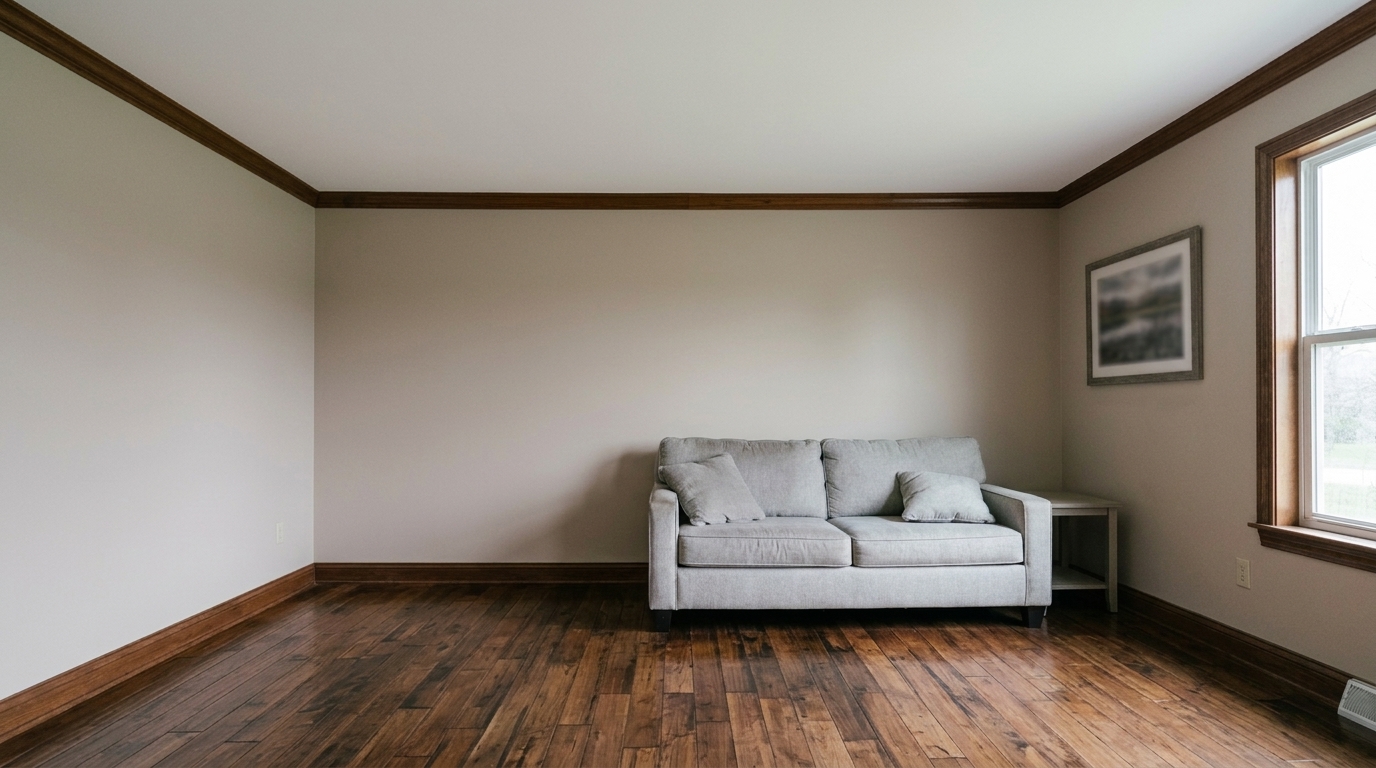 The same room fully rebuilt and restored after storm damage repair