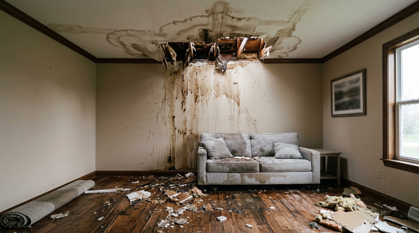 Room with a collapsed storm-damaged ceiling and debris before repair