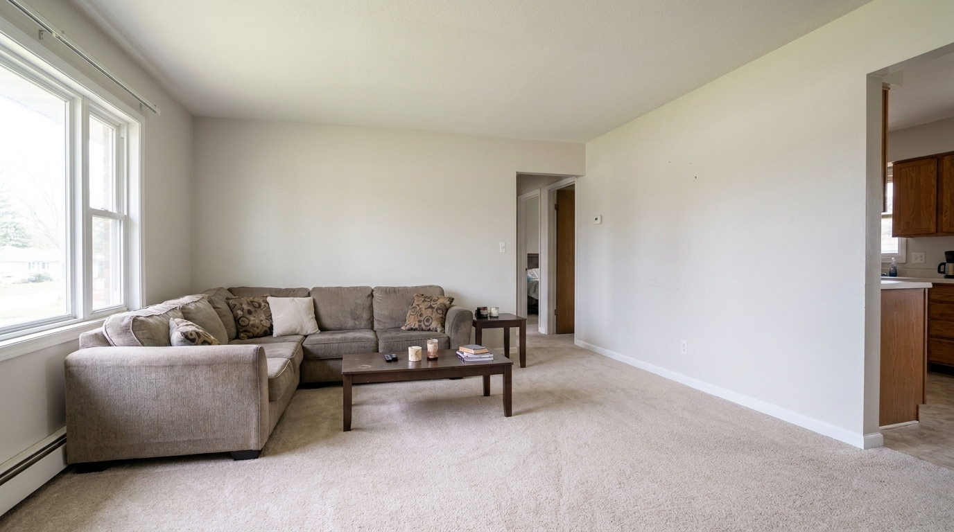 The same room fully dried, cleaned, and restored after professional water damage restoration