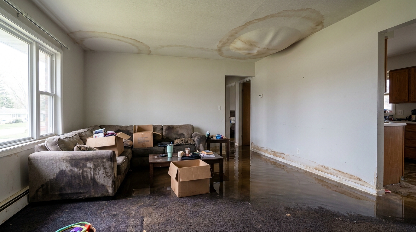 Residential room with standing water and saturated flooring before water damage restoration
